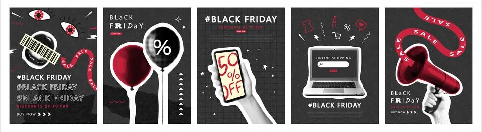 Set of cards with halftone elements for Black Friday. Creative collage elemen Illustrazione stock