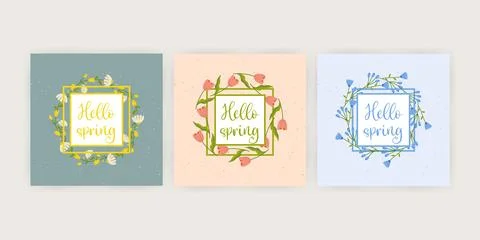 Set of cards " hello spring " with flowers on the background, and frames. f.. Illustrazione stock