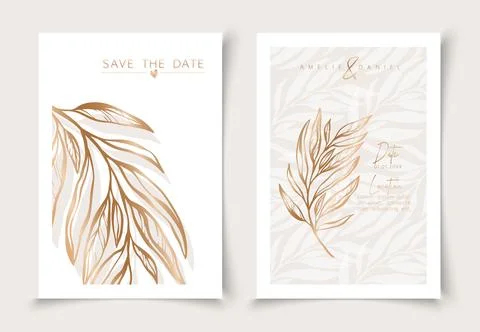 Set of cards minimal hand drawn branch elements in gold line art style Stock Illustration