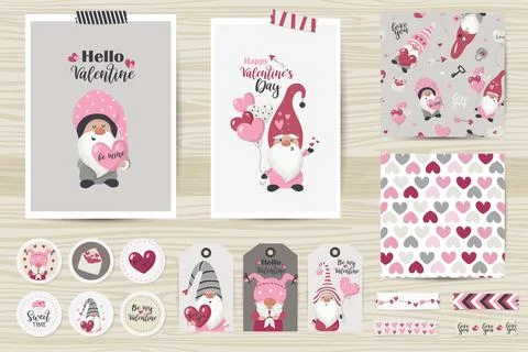 Set with cards, notes, stickers, labels, stamps, tags with Valentine's Day il Stock Illustration