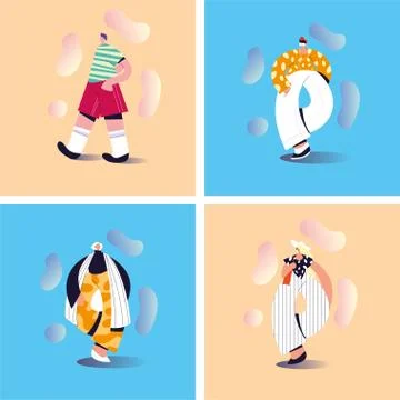 Set of cards with people standing in different poses Stock Illustration