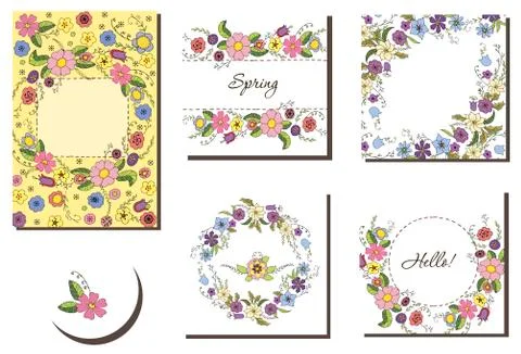 Set of cards with spring flowers in Doodle style in vector Illustrazione stock