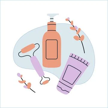 Set of care cosmetics, flat vector illustration. Cream tube, lotion with di.. Stock Illustration