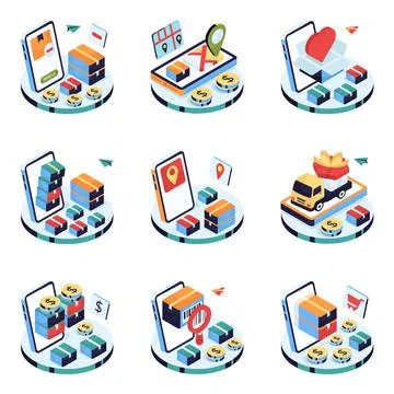 Set of Cargo and Shipment Isometric Illustrations Stock Illustration