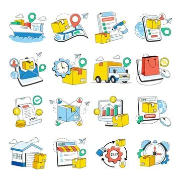 Set of Cargo Doodle Icons Stock Illustration