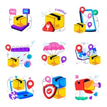 Set of Cargo Flat Illustrations Stock Illustration