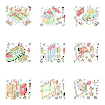 Set of Cargo Isometric Illustrations Stock Illustration