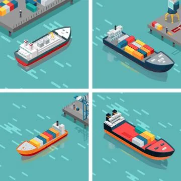 Set of Cargo or Container Ship Unloading Goods Stock Illustration
