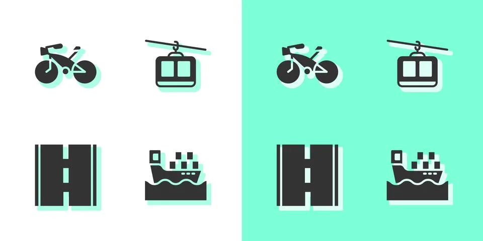 Set Cargo ship with boxes, Bicycle, Road and Cable car icon. Vector Illustrazione stock