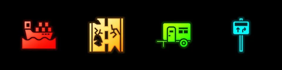 Set Cargo ship with boxes, Broken road, Rv Camping trailer and Road traffic 库存插图