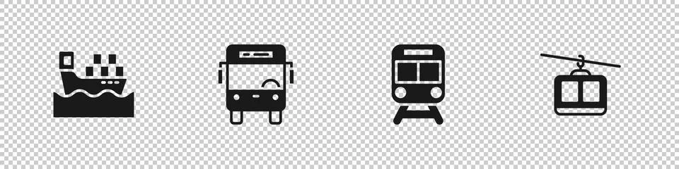 Set Cargo ship with boxes, Bus, Train and railway and Cable car icon. Vector Stock Illustration