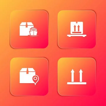 Set Cargo ship with boxes, Cardboard on pallet, Location cardboard and This side Stock Illustration