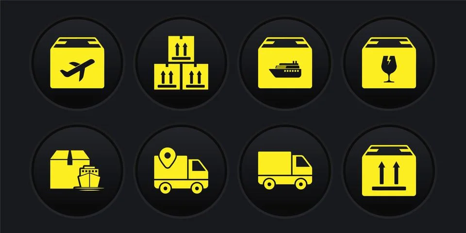Set Cargo ship with boxes, Delivery fragile content, tracking, cargo truck Stock-Illustration