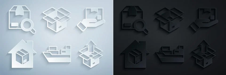 Set Cargo ship with boxes delivery, Delivery hand, Home services, Unboxing, and Stock Illustration