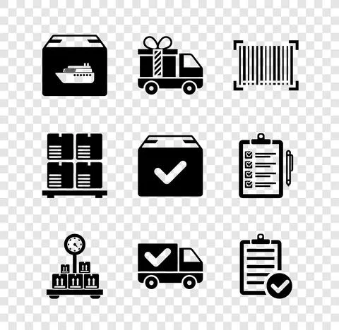 Set Cargo ship with boxes, Delivery truck gift, Barcode, Scale cardboard, check イラスト素材
