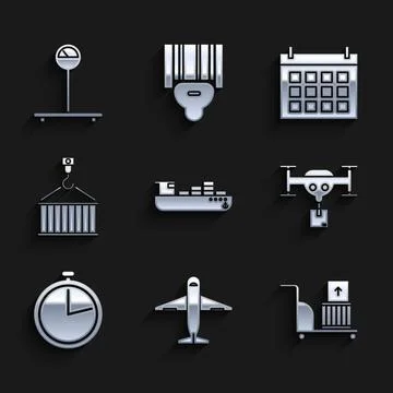 Set Cargo ship with boxes delivery service, Plane, Electric hand truck and Illustration