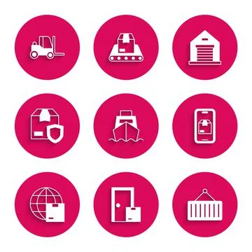 Set Cargo ship with boxes delivery, Home services, Container on crane, Mobile Stock Illustration