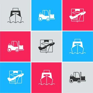 Set Cargo ship with boxes delivery, Forklift truck and Plane and cardboard icon Stockillustratie