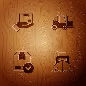 Set Cargo ship with boxes delivery, Delivery hand, ackage check mark and Illustrazione stock