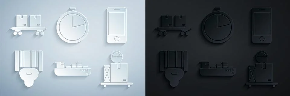 Set Cargo ship with boxes delivery service, Mobile phone app tracking, Scanner Stock-Illustration