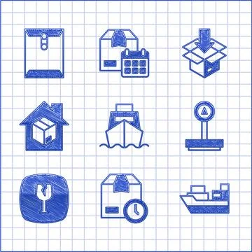 Set Cargo ship with boxes delivery, Cardboard clock, Scale, Fragile broken glass 스톡 일러스트