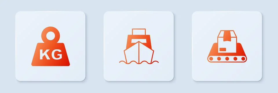 Set Cargo ship with boxes delivery, Weight and Conveyor belt. White square Stock Illustration