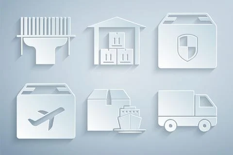 Set Cargo ship with boxes, Delivery security shield, Plane and cardboard, cargo 스톡 일러스트