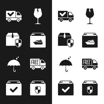 Set Cargo ship with boxes, Delivery security shield, truck check mark, Fragile Stock Illustration