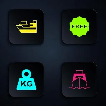 Set Cargo ship with boxes delivery, Weight and rice tag Free. Black square Stock Illustration