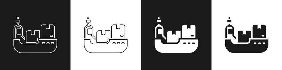Set Cargo ship with boxes delivery service icon isolated on black and white Illustrazione stock
