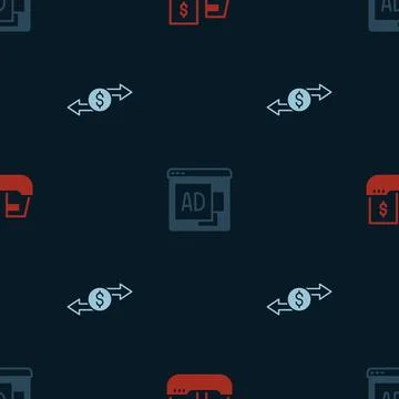Set Cargo ship with boxes delivery, Advertising and Money exchange on seamless Stock Illustration