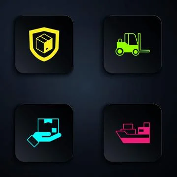 Set Cargo ship with boxes delivery, Delivery security shield, hand and Forklift Stock Illustration