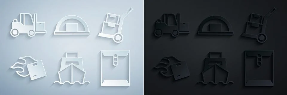 Set Cargo ship with boxes delivery, Hand truck and, Carton cardboard, Envelope Ilustración de archivo