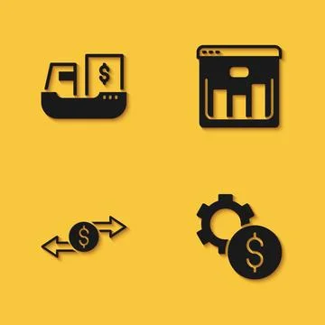 Set Cargo ship with boxes delivery, Gear dollar symbol, Money exchange and Stock Illustration