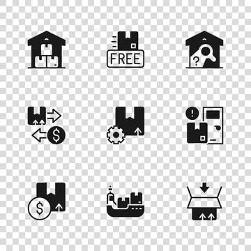 Set Cargo ship with boxes delivery, Home services, Carton cardboard, Gear p.. Illustrazione stock