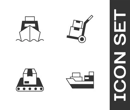 Set Cargo ship with boxes delivery, Conveyor belt and Hand truck and icon. .. Illustrazione stock