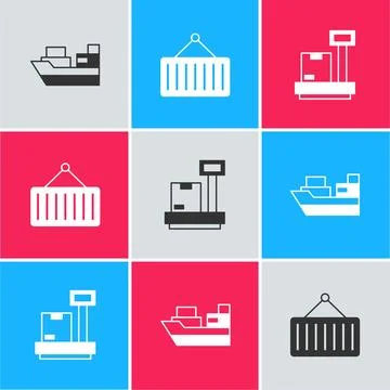 Set Cargo ship with boxes delivery, Container on crane and Scale cardboard .. Stock Illustration