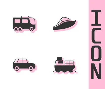 Set Cargo ship with boxes delivery, Bus,  and Speedboat icon. Vector Illustration