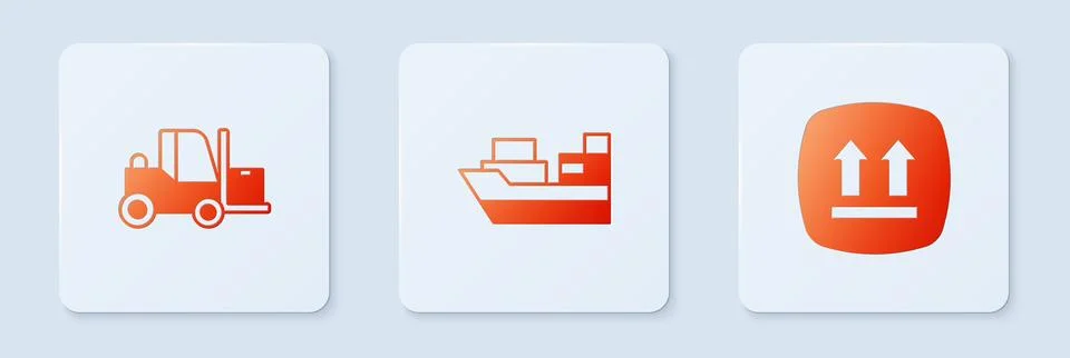 Set Cargo ship with boxes delivery, Forklift truck and This side up. White .. Illustrazione stock