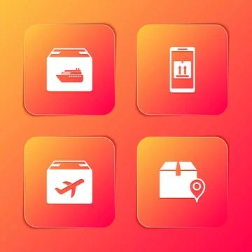 Set Cargo ship with boxes, Mobile app tracking, Plane and cardboard and Locat Stock Illustration