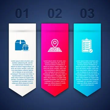 Set Cargo ship with boxes, Placeholder on map and Verification of delivery li Illustrazione stock