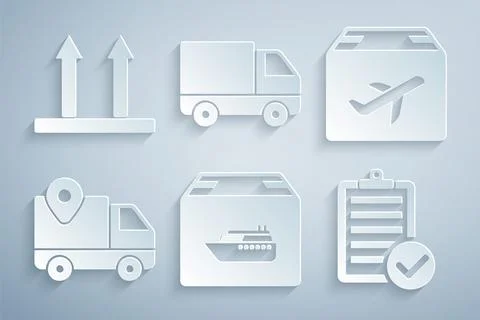 Set Cargo ship with boxes, Plane and cardboard, Delivery tracking, Verification 스톡 일러스트