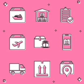 Set Cargo ship with boxes, Warehouse, Verification of delivery list, Plane and Illustrazione stock