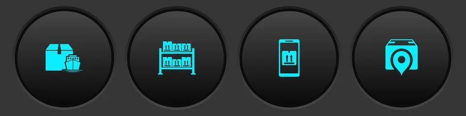 Set Cargo ship with boxes, Warehouse, Mobile app tracking and Location cardboard Illustrazione stock