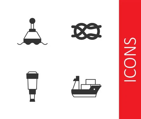 Set Cargo ship, Floating buoy, Spyglass telescope lens and Nautical rope knots Stock Illustration