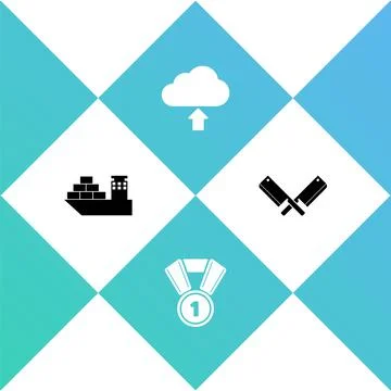Set Cargo ship, Medal, Cloud upload and Crossed meat chopper icon. Vector 库存插图
