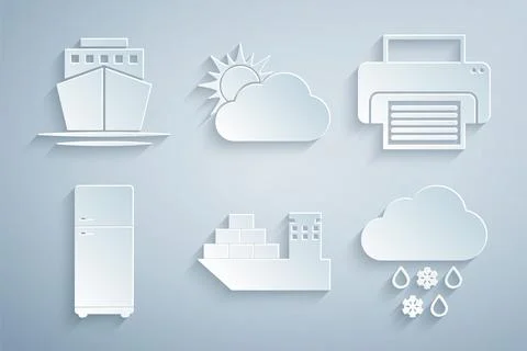 Set Cargo ship, Printer, Refrigerator, Cloud with snow and rain, Sun cloud we Stock Illustration