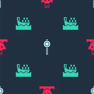 Set Cargo ship, Road traffic signpost and with boxes on seamless pattern. Vector Stock Illustration