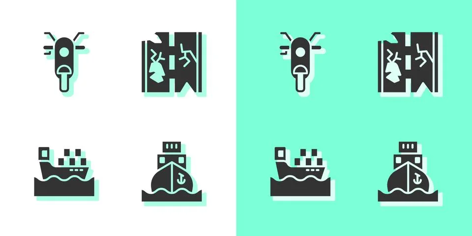 Set Cargo ship, Scooter, with boxes and Broken road icon. Vector 스톡 일러스트