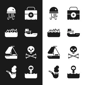 Set Cargo ship, Sharp stone reefs, Jellyfish, First aid kit, Yacht sailboat,  Stock Illustration